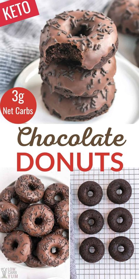 These rich keto chocolate donuts only have 3g net carbs in each one! Enjoy a low-carb chocolate donut for breakfast or a quick sweet snack in the afternoon. Chocolate Donut Recipe, Low Carb Donut, Keto Donuts, Chocolate Donut, Low Carb Low Fat Recipes, Baking With Almond Flour, Postre Keto, Donut Recipe, Low Carb Low Sugar