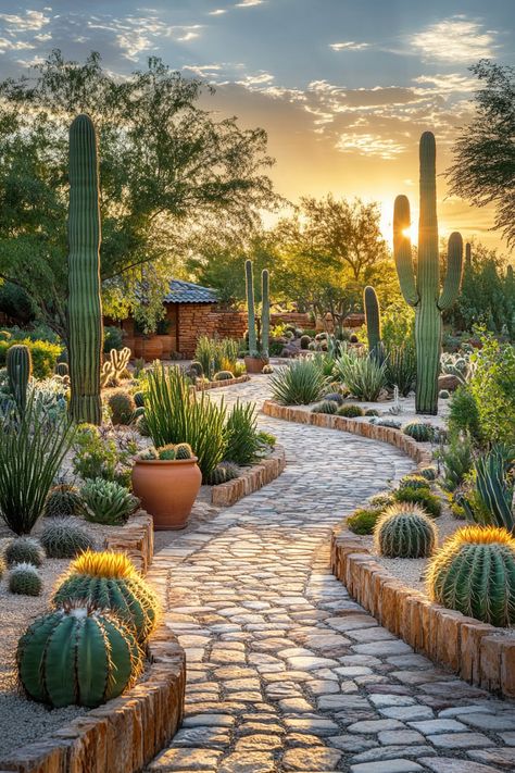 Elevate Your Garden: Cactus Garden with Varied Heights Cactus Garden Backyard, Arizona Plants Full Sun, Catus Landscaping Garden, Desert Landscape Ideas, Arizona Plants, Portugal House, Cactus Landscape, Yucca Tree, Garden Cactus