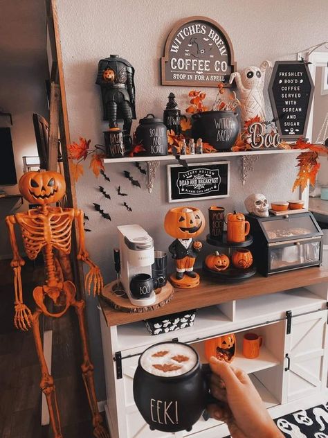 Hocus Pocus Addict | my coffee bar is ready ￼🎃💀🦇🪦⚰️ | Facebook Halloween Cafe, Cofee Bar, Fall Party Decorations, Blocksburg Room Ideas￼, Christmas Ideas Gifts, Boho Halloween, Coffee Serving, Halloween Table Decorations, Goth Decor