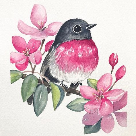 Pink Robin, Bird Watercolor Art, Pink Drawing, Watercolor Birds, Bird Paintings, Watercolor Flowers Tutorial, Watercolor Paintings Easy, Abstract Art Wallpaper, Nature Artwork