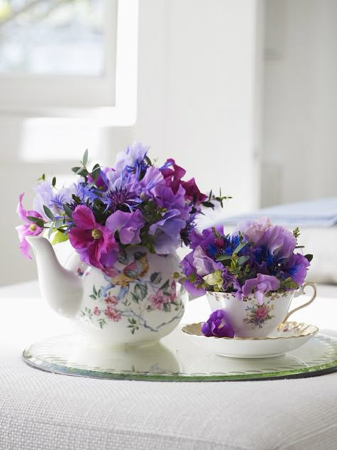 Simple-Flower-Arranging-Book by Mark Welford & Stephen Wicks Flowers Arrangements, Tea Pot, Purple Flowers, A Table, Tea Cups, Tray, Tea, Purple, Glass