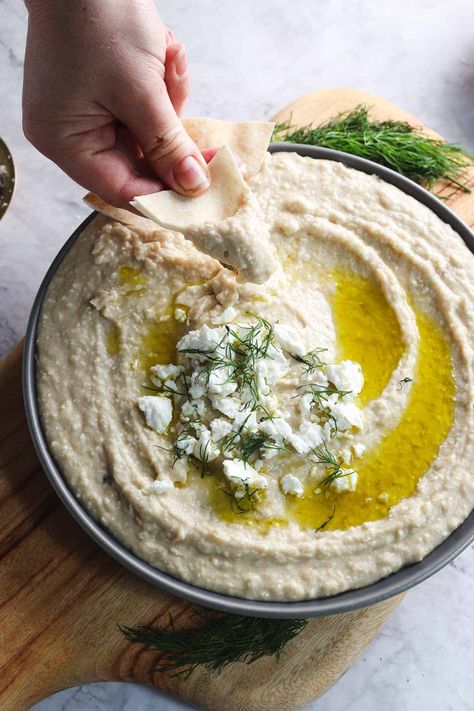 This Creamy White Bean Hummus Will Make You Ditch Chickpeas White Bean Appetizer Recipes, White Bean Feta Dip, White Bean Hummus With Tahini, Hummus Recipe With Tahini, White Bean Hummus Recipe, Bean Hummus Recipe, Mediterranean Appetizers, White Bean Hummus, Bean Hummus