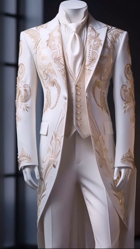 White Tailcoat Men, Prince Prom Outfit, White Fantasy Suit, White Suit With Gold Accents, Cream Prom Suit, Creme Tuxedo, Gold Groom Suit, All White Groom, White And Gold Suit