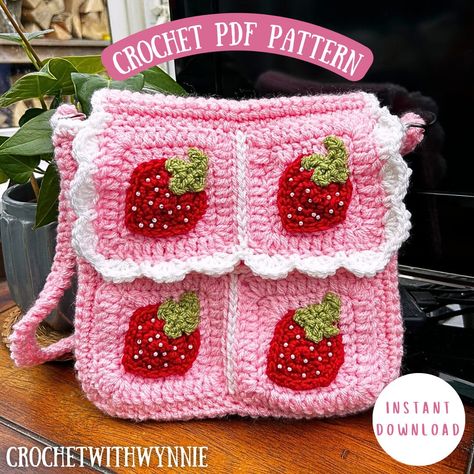 Aesthetic Crochet Granny Square, 8 Inch Granny Square Crochet Pattern, Granny Square Bag Crochet Pattern, Square Bag Crochet Pattern, Strawberry Granny Square, Granny Square Bag Crochet, Square Bag Crochet, Sac Granny Square, Kawaii Cottagecore