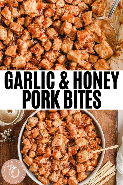 pinterest pin for Chopped Pork Bites with Garlic Honey Pork Chop Recipes Non Dairy, Honey Garlic Pork Bites Slow Cooker, Pork Bites Recipes Crock Pot, Pork Bites Recipes, Garlic Pork Bites, Gluten Free Pork Chops, Honey Garlic Pork, Pork Dinners, Pork Bites