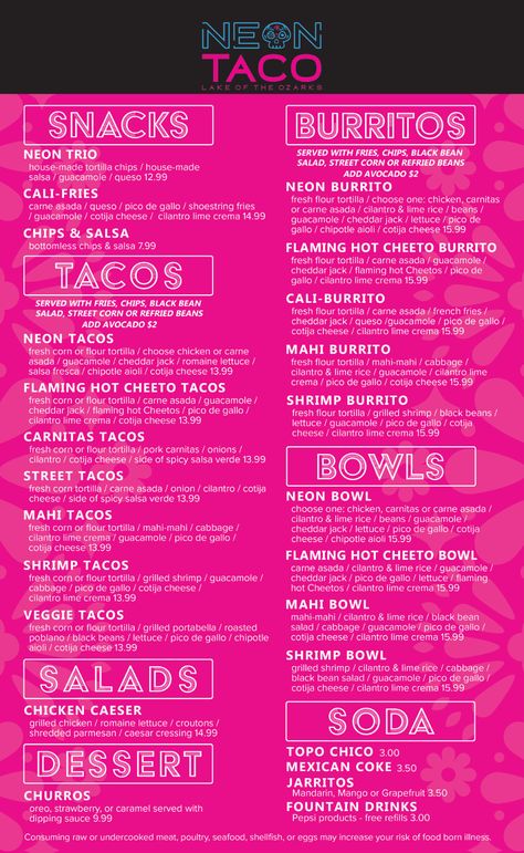 Menu — Neon Taco Taco Truck Menu Ideas, Taco Menu, Taco Food Truck Menu Ideas, Mexican Food Truck Menu Ideas, Taco Bar Checklist, Taqueria Menu Ideas, Unique Food Truck Menu Ideas, Mexican Food Menu Design, Mexican Restaurant Menu