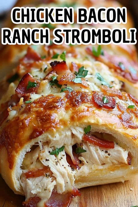 Chicken Bacon Ranch Stromboli - Delicious Recipes - Easy Cooking Ideas and Tasty Dishes Chicken Ranch Stromboli, Chicken Bacon Ranch Recipes Easy Dinners, Chicken Bacon Ranch Stromboli, Stromboli Chicken, Chicken Bacon Ranch Stromboli Recipe, Chicken Stromboli Recipe, Chicken Wrapped In Bacon, Easy Cooking Ideas, Chicken Bacon Ranch Wrap