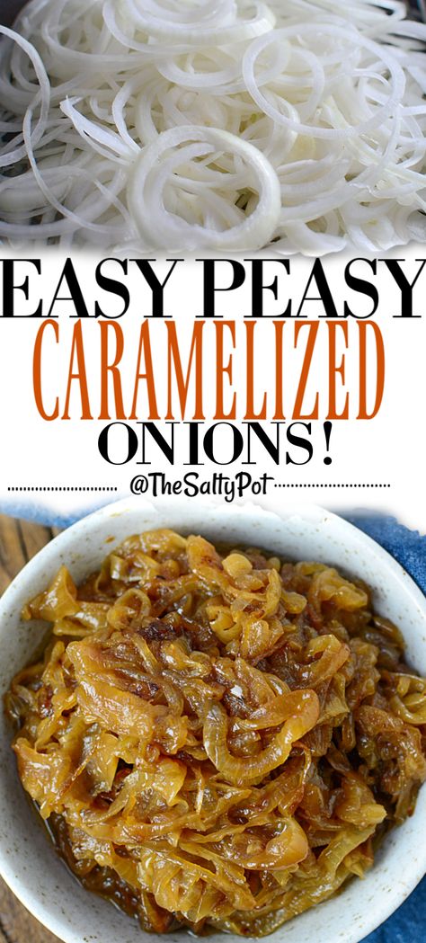 Sweet, and savory! This versatile and easy caramelized onions recipe will change all those onion haters out there into onion lovers when they taste how amazing they are! Buttery and soft, without the acrid, sharp tastes of regular sauteed onions, these easy caramelized onions are perfect for adding to almost anything! Burgers, pizzas, roast potatoes, etc! #thesaltypot #caramelizedonions #recipeswithonions #easyrecipes #backtobasics How To Carmalize Onions, Caramelized Onions Recipe, Carmelized Onions, Onion Burger, Onion Recipes, French Onion Soup, Veggie Dishes, Sweet Onion, Caramelized Onions