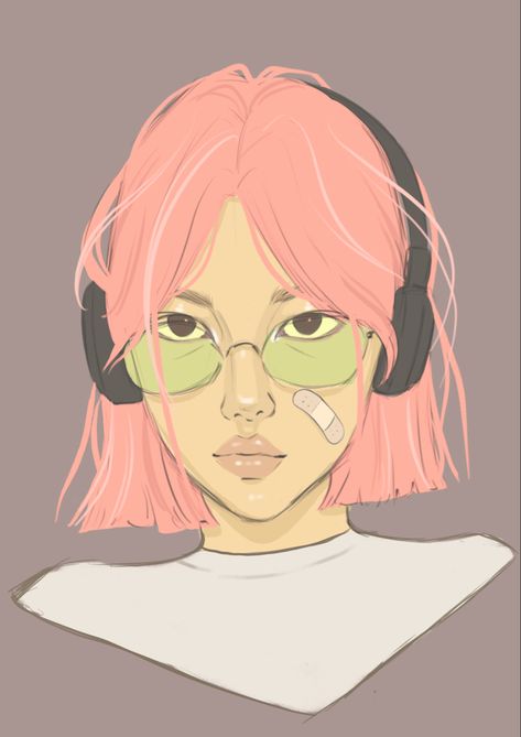 digital art girl drawing with headset pink hair girl with glasses sketch drawing Girl Drawing Digital, Aesthetic Girl Drawing, How To Draw Glasses, Glasses Sketch, Pink Hair Girl, Girl With Glasses, Drawing Digital Art, Face Sketch, Drawing Digital