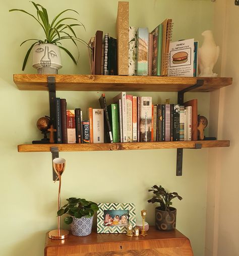 Entryway Wall Shelves, Cozy Work Space, Wood Shelf Kitchen, Scaffold Board Shelves, Small Book Shelf, Entryway Wall Shelf, Wall Book Shelf, Shelf With Brackets, Wood Shelves Kitchen