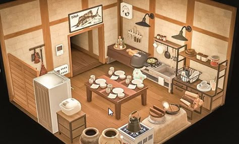 Acnh Bathroom Ideas Japanese, Animal Crossing Japanese Kitchen, Acnh Japanese Kitchen, Acnh Japanese House Interior, Acnh Japanese Room, Acnh Japanese Interior, Acnh Japanese House, Japanese House Interior Design, Kitchen Japanese Style