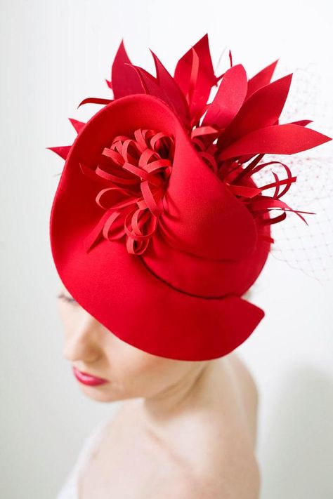 Fashoin Designer Red Fascinator Hat with Birdcage Veil | Etsy Red Hat Society Fashion, Grey Hat Outfit, Fascinator Designs, Fascinator Hats Outfit, Classy Hats, Red Fascinator, Unique Masks, Feather Headpiece, Derby Fascinator