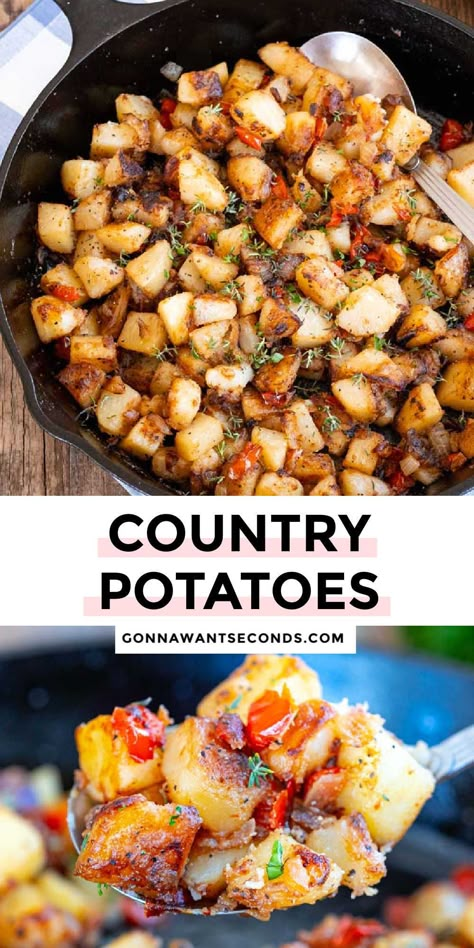 *NEW* Crispy on the outside, tender on the inside, cast iron skillet encouraged—these country potatoes are invited to breakfast and as a great side dish! #potatosidedishes #countrypotatoes Iron Skillet Breakfast, Cast Iron Recipes Dinner, Country Potatoes, Cast Iron Skillet Recipes Dinner, Iron Ideas, Camp Recipes, Potato Breakfast Recipes, Best Potato Recipes, Hot Potato