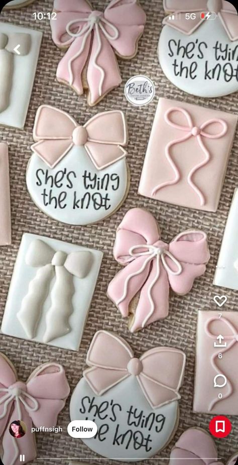 She’s Tying The Knot Bridal Cookies, Coquette Cookies Decorated, Bow Cookies Royal Icing, Pink Bow Cookies Decorated, Tying The Knot Cookies, Coquette Sugar Cookies, Pink Bow Cookies, Bow Cookies Decorated, Bow Sugar Cookies