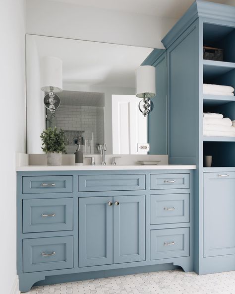 Green Acres, Bath Cabinets, Bathroom Remodel Master, Run Out, Blue Paint, Bathroom Renovation, Master Bath, Bathroom Remodel, Double Vanity