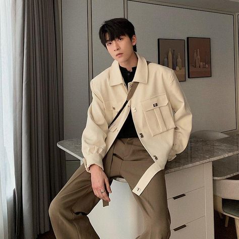 OH Square Pocket Jacket - OH Garments Asian Trending Streetwear Cream Jacket Outfit, Beige Jacket Outfit, Asian Style Clothes, Biker Jacket Outfit, Asia Fashion, Asian Streetwear, Square Pocket, Cream Jacket, Korean Streetwear