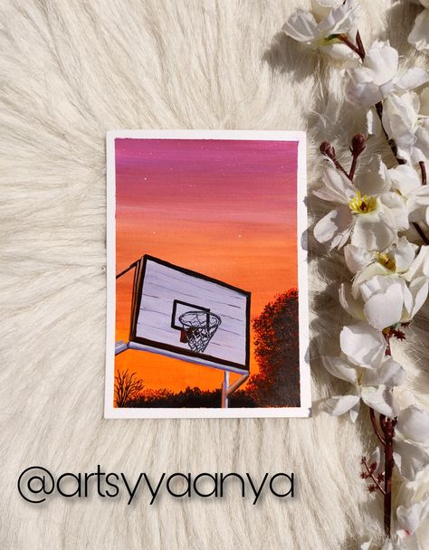 Sunset at a basketball court Basketball Court Painting, Painting Of Sunset, Basketball Painting, Igcse Art, Painted Pavers, Art Happiness, Pink Basketball, A Basketball, A6 Size