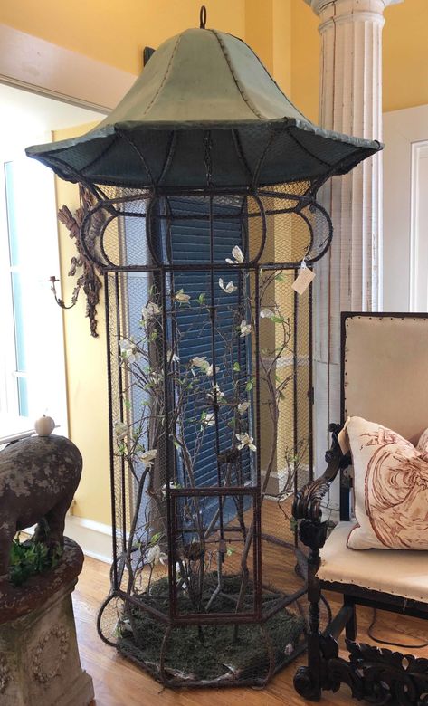 English Bird Cage Aviary with Pagoda Copper Verdigris Roof - Balée Antiques & Design Bird Cage Design, Antique Bird Cages, Pet Bird Cage, Bird Aviary, Animal Room, Bird Theme, Bird Cages, Pet Bird, Garden Structures