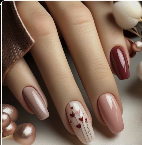 Neutral Nails With Heart Design, Nail Art Designs Red Colour, Fall Nail Ideas Burgundy, Fall Nails Almond Shape Burgundy, Neutral Gel Nail Colors Classy, Autumn Natural Nails, Cute Almond Nails Design Fall, Nude Nails With Designs Art Ideas, Jesenji Nokti 2024