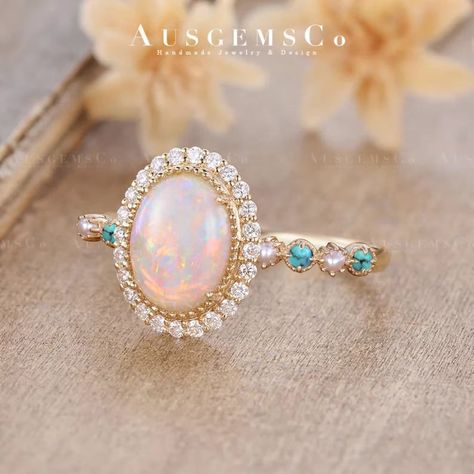 Vintage Natural Australian Opal Engagement Ring Oval Cut Fire Opal Yellow Gold Halo Moissanite Wedding Ring Turquoise Pearl Band Anniversary 🌸One of a Kind - Stone Selection and Customization Are Available. **All rings are handmade and shipped in Australia. If you don't like the stone in the picture, please contact me to get the custom service. 🌸ITEM Details Main Stone: Natural Opal, 7mm*9mm, Oval Cut, or Lab Opal (The picture shows a Precious Natural Australian Opal) Accent Stone: Moissanite, Opal Aquamarine Ring, Engagement Rings Pearl, Wedding Ring Turquoise, Unique Wedding Sets, Turquoise Engagement Ring, Fire Opal Engagement Ring, Gemstone Wedding Ring, Engagement Ring Oval Cut, Vintage Opal Engagement Ring