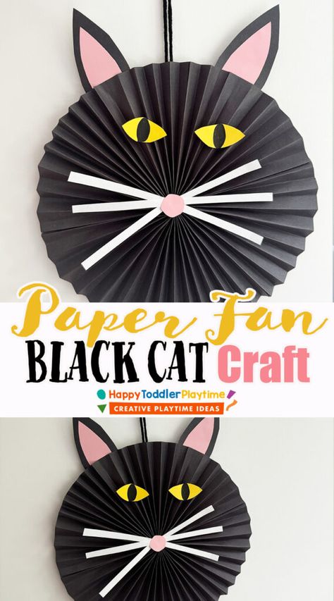 Paper Fan Black Cat Craft - Happy Toddler Playtime October Toddler Crafts, Cat Crafts Preschool, October Crafts, Math Stem, Cat Kids, Paper Fans, Cat Crafts, Gross Motor Skills, Learning Colors