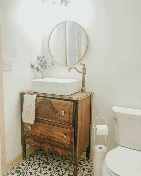 Dresser Sink, Rustic Remodel, Diy Dresser, Upstairs Bathrooms, Bathroom Redo, Vintage Dressers, House Bathroom, Diy Bathroom, Cheap Home Decor