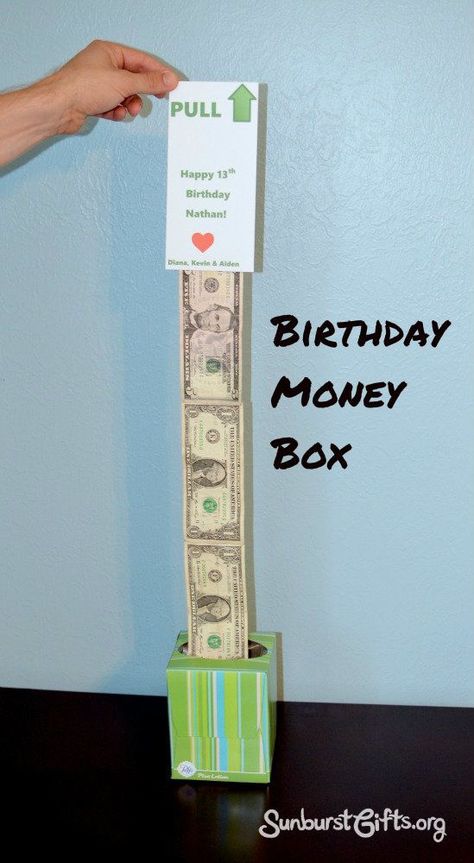 Easy Peasy Birthday Money Box: The birthday money box is fun to give and receive because when the gift recipient pulls on the card that says “PULL UP,” they will be surprised with a really long strand of cash that continues to come out as they keep pulling and pulling and pulling! It's so easy to make. All you need is a tissue box, cash, tape and paper. Money Cake, Creative Money Gifts, Birthday Money, Box Creative, Cash Gift, Cadeau Diy, Money Gift, Money Box, Dollar Bill