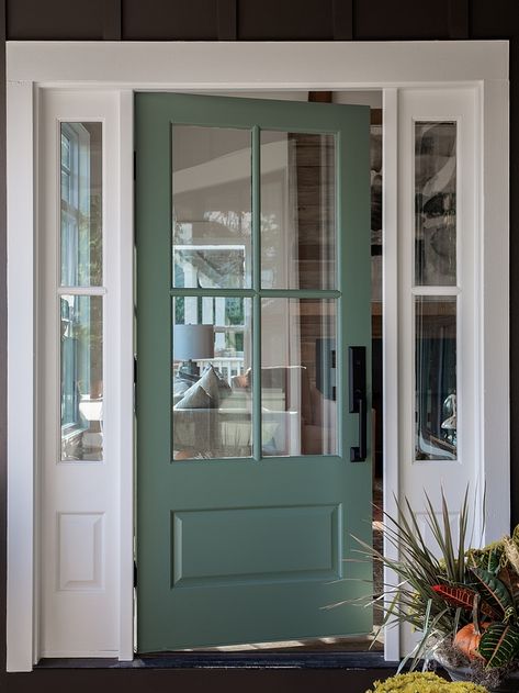 Sherwin Williams SW 2811 Rookwood Blue Green Front Door Paint Color Sherwin Williams SW 2811 Rookwood Blue Green #door #paintcolor #frontdoor #SherwinWilliamsSW2811RookwoodBlueGreen #SherwinWilliamsRookwoodBlueGreen #SherwinWilliamsSW2811 Green Doors And Windows, Vinyl Shaker Siding Exterior, Black And White House Green Door, Green Door Colors Sherwin Williams, Desert Lake Sherwin Williams Front Door, Rockwood Blue Green Sw, Lake Cottage Front Door, Sw Front Door Colors, Green Door And Windows