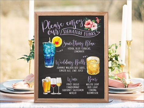 Digital Printable Wedding Bar Menu Sign Signature Drinks | Etsy Wedding Signage Chalkboard, Lemonade Wedding, Wedding Bar Menu Sign, Bar Menu Sign, Signature Cocktails Wedding, Signature Cocktail Sign, Wedding Signature Drinks, Tropical Beach Wedding, Bar Menu Wedding