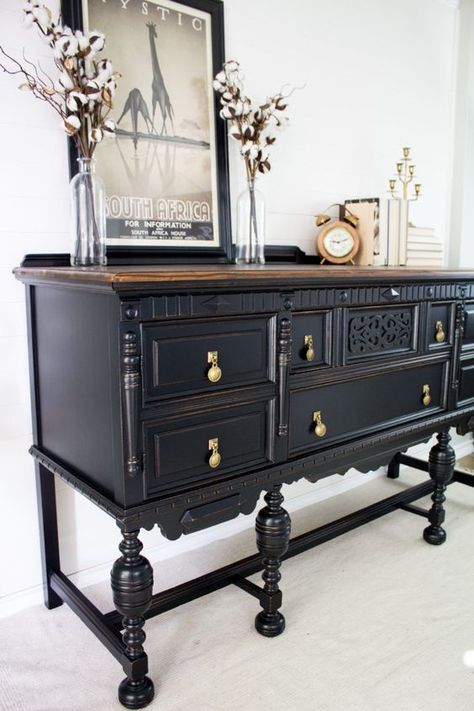 How Including Black Chalk Painted Furniture Can Add Drama to Your Space - Life on Kaydeross Creek Black Chalk Paint Furniture, Buffet Furniture, Black Painted Furniture, Buffet Makeover, Black Buffet, Black Dresser, Dining Room Buffet, Refinished Furniture, Furniture Refinishing