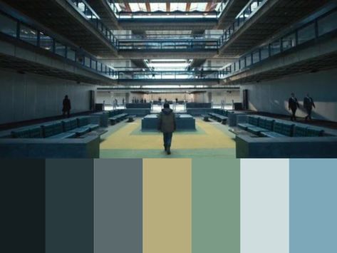 Blue and green color palette inspired by films. This one is from a sci-fi thriller called Severance (Apple tv). Beautiful cinematography and color grading. Follow me for more! Severance Cinematography, Sci Fi Cinematography, Sci Fi Color Palette, Severance Aesthetic, Severance Apple Tv, Sci Fi Office, Strangely Familiar, Sci Fi Aesthetic, Beautiful Cinematography