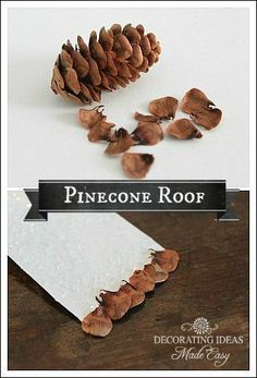 TUTORIAL - how to make a pinecone roof using pine cone scales - great accent for fairy garden houses! - Snow Village Lamp - Fillable glass lamp idea using homemade Putz houses! #MiniGarden Fence Out Of Sticks, Hidden Fairy Garden, Diy Fairy Garden Accessories Handmade, Diy Gift Crafts Handmade, Homemade Fairy Garden Ideas, Outdoor Fairy Garden Diy, Fairy Houses Diy, Wood Fairy House, Dnd Builds