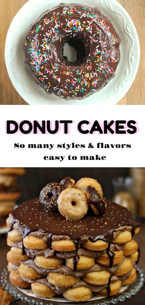 Donuts Stacked Like A Cake, How To Make A Donut Cake, Donut Dessert Ideas, Donut Tier Cake, Donut Cakes Birthday, Donut Birthday Cake Ideas, Donut Stack Cake, Doughnut Cake Birthday, Donut Birthday Cakes