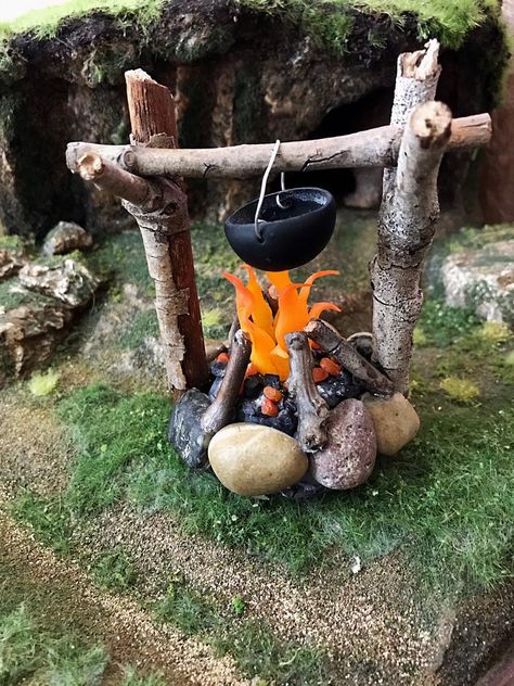 Miniature Campfire, Miniature Camping, Fake Fire, Battery Candle, Halloween Fairy Garden, Fire Fairy, Wooden Cart, Maileg Mouse, Garden Houses