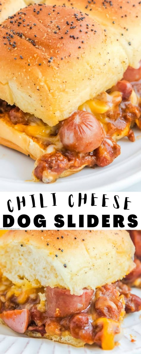 These CHILI DOG SLIDERS are a great way to prepare chili cheese hot dogs to serve a crowd or your hungry family for an easy weeknight dinner. Chili Dog Sliders, Crock Pot Chili Cheese Dogs, Chili Cheese Dog Sliders, Hot Dog Meals, Chili Cheese Dog Appetizer, Crockpot Sliders, Hot Dog Sliders, Sunny’s Meaty Cheesy Casserole Sliders, Chili Cheese Hot Dog Boats