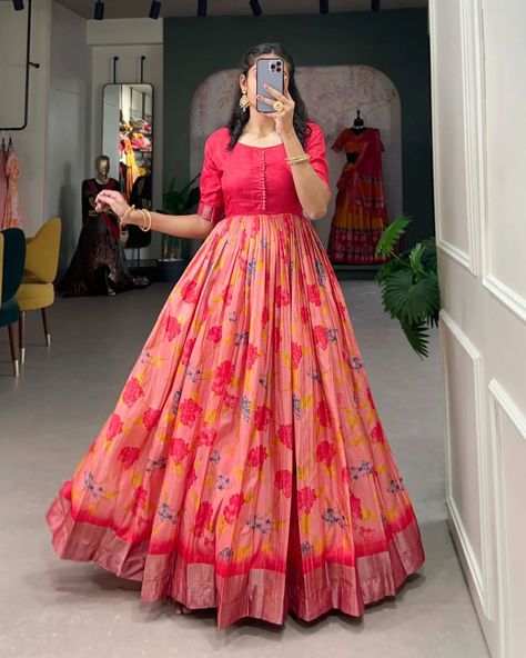 *🌷Ready to Wear Gown🌷* Celebrate every moment in the timeless elegance of a Dola Silk gown✨ *YNF5030ONG* *YNF5030PNK* *YNF5030YLW* *Gown* Gown Fabric : Dola Silk Gown Work : Printed With Sequins And Zari Work Border Chest Size : 40 (Inside 2 inch extra margin available so customer can adjust up to 36" to 42" for your body comfort) Waist Size : 38" Shoulder : 15" Sleeve Length : 12" Length : 57" Flair : 4 Meter Lining : Micro Cotton (full upto bottom) Weight : 0.560 kg *Rate : 850* ORDER... Party Wear Gown For Women, Saree Dress Design Ideas, Ladies Frock Design, Ready To Wear Gown, Long Frocks For Women, Frock Designs For Women, Full Gown, Simple Frock Design, Long Frock Designs