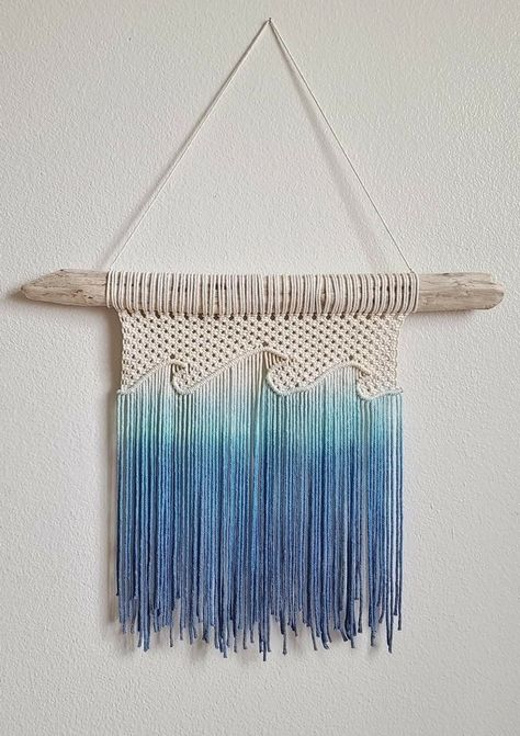 Easy Macrame Wall Hanging Pattern, Coastal Macrame, Macrame Wave, Unique Macrame Ideas, Macrame Whale Tutorial, Blue Macrame, Macrame Ocean Waves, Macrame Wall Hanging Beach, Blue And White Macrame Wall Hanging