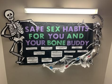 Halloween Dorm Hall Decorations, Halloween Consent Bulletin Board, Resident Assistant Bulletin Boards Halloween, Community Themed Bulletin Boards, Ra Halloween Programs, Academic Ra Bulletin Board, October Bulletin Boards For College, Where Is Your Ra Board, Skeleton Bulletin Board Ideas