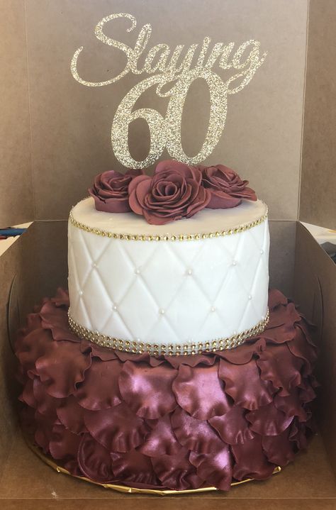 Burgundy ruffles with gold bling 60th Birthday Cake Ideas For 60 Years Old Woman, 60tj Birthday Cake For Mom, Cake For 65th Birthday Woman, Elegant 60th Birthday Cake For Ladies, 60 Years Birthday Cake, 60th Birthday Ideas For Mom Cake, 60th Bday Cake For Mom, 60th Birthday Cake For Ladies, 60th Birthday Cake