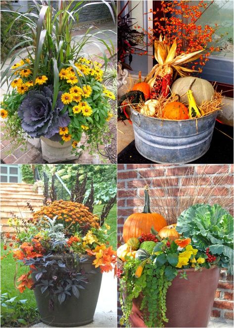 22 beautiful fall planters & outdoor fall decorations! How to plant colorful front porch fall flower pots with mums, pumpkins, kale, & more! – A Piece of Rainbow #diy #fall #autumn #porch #patiodesigns #patio #curbappeal autumn, patio, pots, curb appeal, #pots #backyard #gardens #homedecor, home décor, #decor #gardendesign #gardenideas #containergardening Fall Planters Outdoor, Colorful Front Porch, Outdoor Fall Decorations, Fall Container Plants, Fall Flower Pots, Fall Pots, Fall Landscaping, Planters Outdoor, Fall Container Gardens