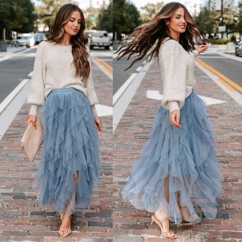 VICI COLLECTION on Instagram: "TEXTURE PLAY // Found our new favorite texture combo, knit & tulle! We’re swooning over the girly meets cozy vibes of the Tana Balloon Sleeve Knit Sweater $68 Oatmeal paired with our bestselling Allegro Skirt. Sizes XS-XL #knit #tulle #fashionista" Sweater And Tulle Skirt Outfit, Sweater With Tulle Skirt, Tulle Skirt And Sweater, Tulle Skirt Outfit Winter, Tule Skirt Outfit, Skirt Outfit Casual, Tulle Skirts Outfit, Vici Collection, Cozy Vibes