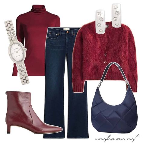 Casual fall outfit with burgundy cashmere cardigan, dark wash jeans, burgundy booties, navy quilted bag. Burgundy Jeans Outfit, Holiday Outfit Ideas For Women, Burgundy Cardigan Outfit, Festive Outfit Ideas, Coastal Chic Style, Casual Holiday Outfits, Holiday Outfit Ideas, Cozy Winter Fashion, Casual Fall Outfit