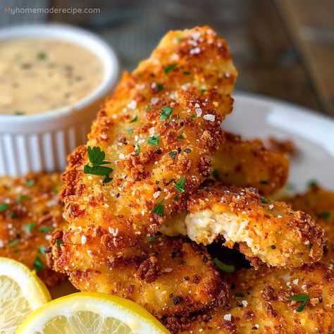 Lemon Garlic Parmesan Chicken Tenders Recipe - My Home Made Recipe Lemon Garlic Parmesan Chicken, Garlic Parmesan Chicken Tenders, Baked Olives, Parmesan Chicken Tenders, Panko Chicken, Chicken Tenders Recipe, Crispy Chicken Tenders, Chicken Dishes Easy, Gluten Free Bread Crumbs