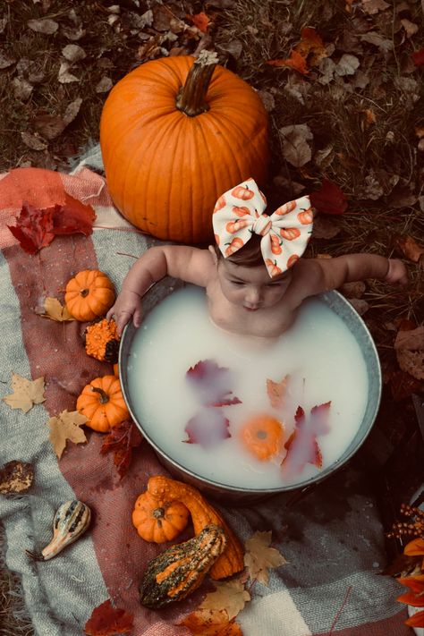 Pumpkin Milk Bath, Fall Milk Bath, Pumpkin Milk, 3 Month Old Baby Pictures, Bath Photos, Milk Bath Photos, Milk Baths, Fall Baby Pictures, Milk Bath Photography