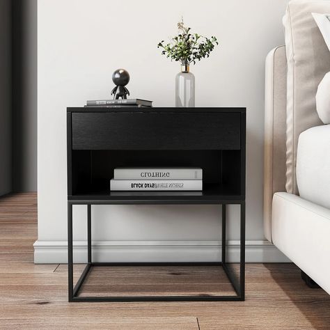 Black Modern Nightstand with Drawer and Black Metal Base Black Nightstand Decor, Grey Nightstand Bedroom, Modern Nightstand Decor, Bedside Table Ideas Modern, Black Metal Nightstand, Cool Nightstand, Black Nightstand Bedroom, Black Modern Bedroom, Night Side Table