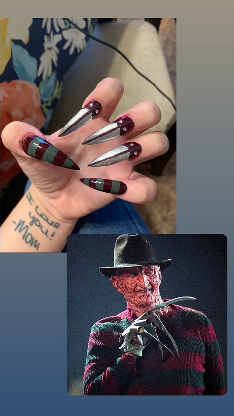 Freddie Kruger Nails, Freddy Krueger Nail Designs, Freddy Krueger Inspired Makeup, Freddy Krueger Nail Art, Halloween Nails Freddy Kruger, Freddy Krueger Nails Acrylic, Freddy Nails, Freddy Kreuger Glam Makeup, Nightmare On Elm Street Nails