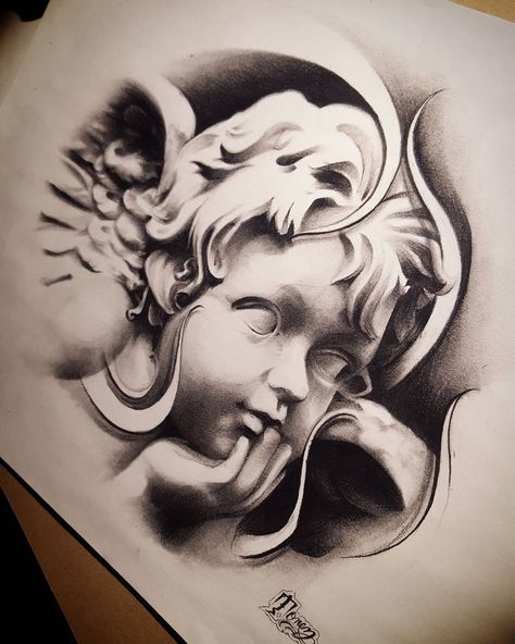 "Cherub Angel" (sketch)  Let them sleep and dream.....while i stay up late to live mine............. late night sketching even though we on these holiday breaks..ughyou know I still gotta put that work in! Good night everyone!!!! Done by: Tonez  @streetcitytattoos  by: @tony__tonez Cherubim Angels Tattoo, Cherub Tattoo Designs, Cherub Face, Cupid Tattoo, Cherub Tattoo, Model Tattoo, Statue Tattoo, Chicano Tattoos, City Tattoo