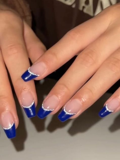 Blue Double French Tips Blue French Christmas Nails, Blue Sparkle Nails French, Dark Blue Sparkly French Tip Nails, Blue Tip French Nails, French Tips Winter, Blue Tip Nails French Manicures, Dark Blue French Tips, French Tips Blue, Dark Blue French Tip Nails