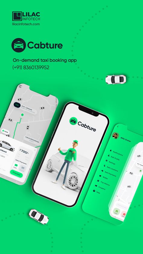 "The taxi booking industry is updating every day. Our taxi booking app saves you time and expense with an easy-to-use experience. The program that satisfies your needs can be completely personalized. Two interfaces are covered by CABTURE: one for the user and one for the driver. Contact us to bring in a software revolution in the taxi booking industry at a nominal cost. Sounds Interesting? ping us on: 📞+91 83601 39952. 📧info@lilacinfotech.com" Taxi Booking App, Posters Layout, Taxi Business, Driver App, Graphic Design Posters Layout, Car Advertising Design, Taxi App, Booking App, Wallpapers Android