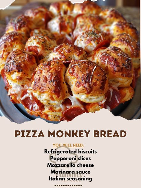 🍕 Fun and flavorful: Pizza Monkey Bread! Pull apart and enjoy! #PizzaPullApart Pizza Monkey Bread Ingredients: Refrigerated biscuits Pepperoni slices Mozzarella cheese, cubed Marinara sauce Italian seasoning Instructions: Cut biscuits, stuff with pepperoni and cheese. Layer in a bundt pan, sprinkle with seasoning. Bake until golden. 🍕🧀 Dive into this cheesy, gooey delight. Great for parties or a family night! Tag us with #MonkeyBreadMagic! Bread Pull Apart, Pepperoni And Cheese, Pizza Monkey Bread, Garlic Pizza, Bundt Cake Pan, Bread Ingredients, Monkey Bread, Bundt Pan, Family Night